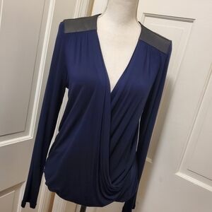 CAbi Navy Deep Plunge Faux Leather Shoulder Knit Top Size Medium